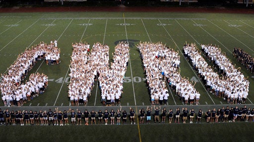 Class of 2020 forming letters CWRU on football field as first year students.