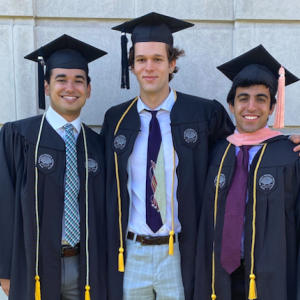 L to R: Kiran Winemiller, Kyle Barclay and Neil Rana at their 2021 CWRU graduation