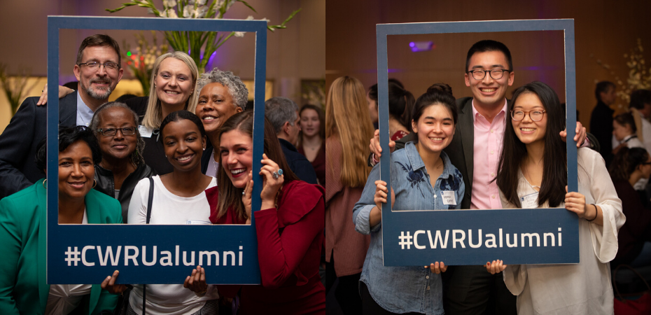 Two groups of people at a party holding a cardboard frame that says "#CWRUalumni"