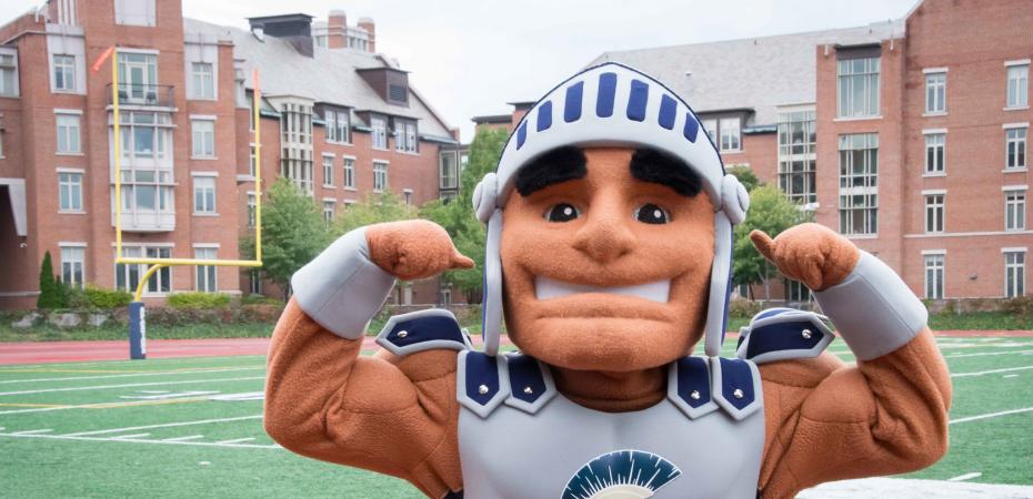 Spartans mascot standing in the CWRU football field