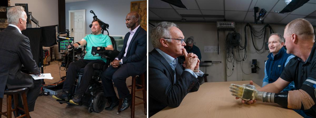 Two images show CWRU researchers and their subjects being interviewed for 60 minutes