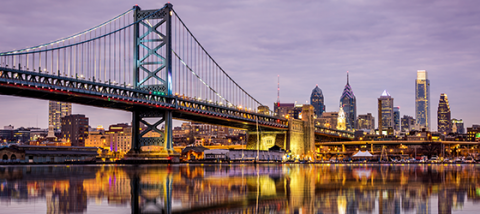 Philadelphia City Skyline, lit up, at dusk
