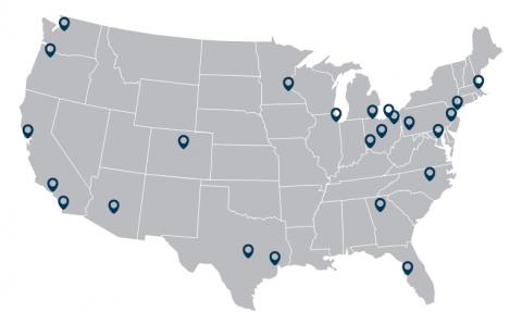 United States map with alumni chapter cities marked