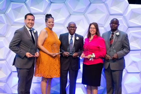 Alumni Award Recipients (l to r): JP Graulty (CWR '10), Sara Fields, Robert P. Madison (ARC '48, HON '04), Nikki DiFilippo (MGT '94), Moses Joloba (GRS '96; GRS '03, pathology)