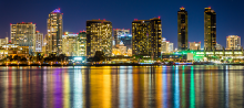 San Diego City Skyline, lit up, at night