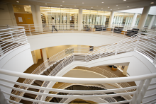 Photo of the interior of the Kelvin Smith Library (the staircase in the center of the building)