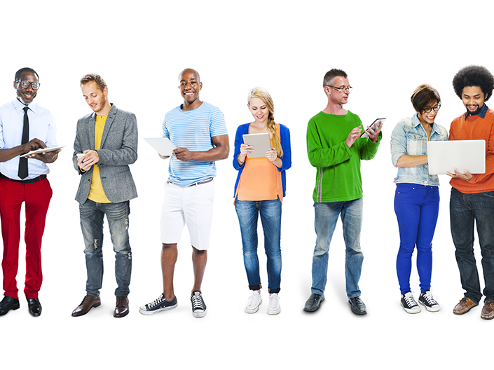 Photo of a diverse group of people, holding tablets, phones, computers and smiling