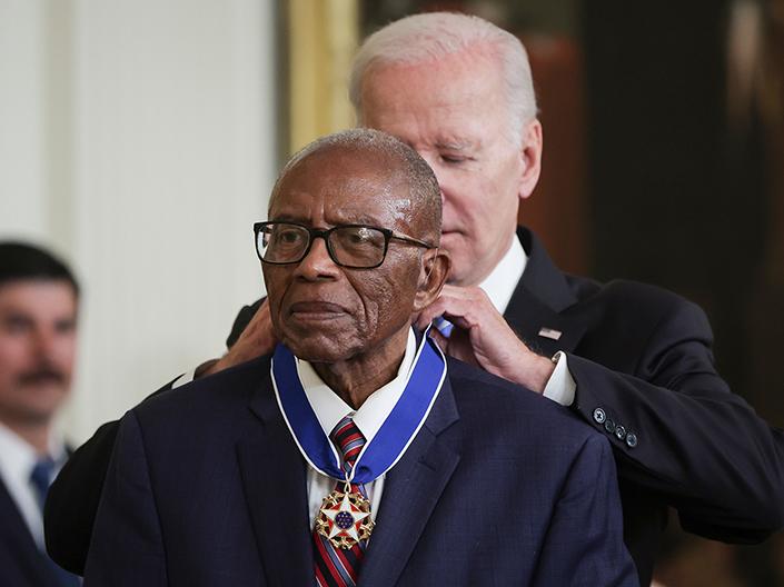 Alumnus and civil rights leader Fred Gray receives the Medal of Freedom from President Joe Biden