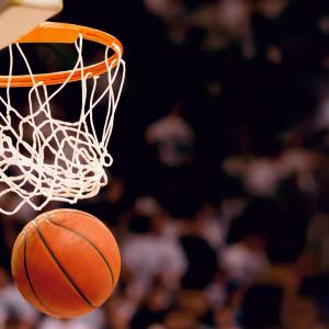 Basketball and basketball hoop