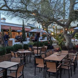 Outdoor restaurant space in the evening