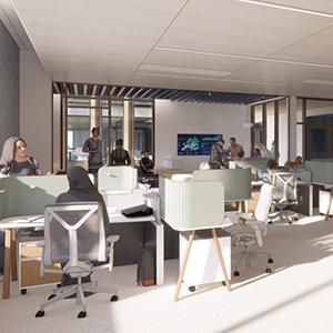 A digital rendering of a collaborative space for use at the ISEB