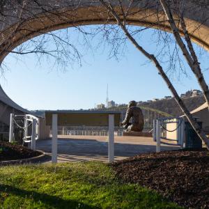 Fred Rogers Memorial statue view in the daytime