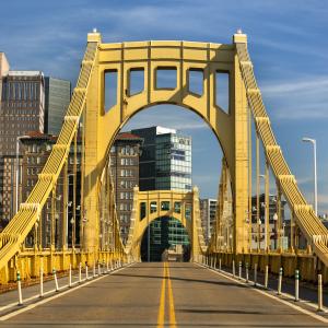 Roberto Clemente bridge in front of the Pittsburgh skyline