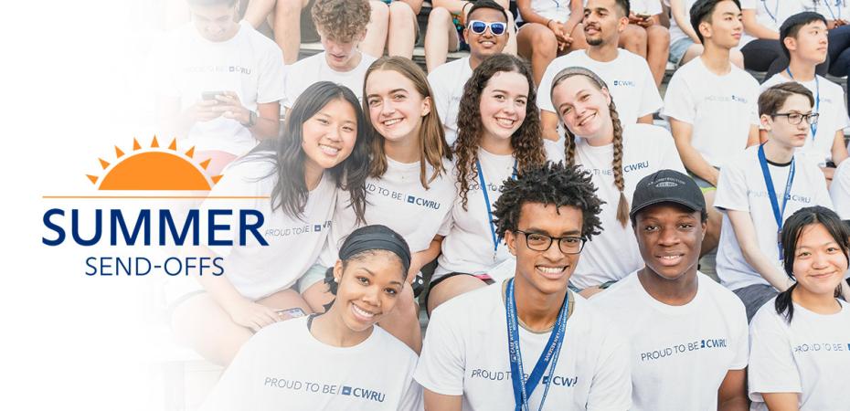 Summer Send-Off graphic identifier shown alongside a group of students smiling at camera while wearing casual attire