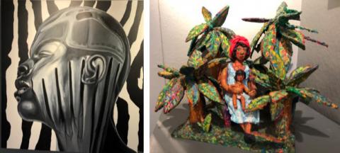African American Art work: Jerome T. White's Scars and Stripes oil painting; Anna Arnold's Madonna and Child in the Garden sculpture