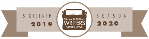 William N. Skirball Writers Center Stage Sixteenth Season 2019-2020 logo - white and brown banner with vintage typewriter image at the center