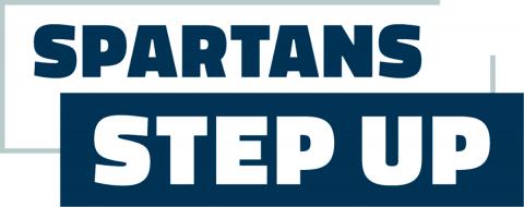 A blue, grey and white logo reading Spartans Step Up