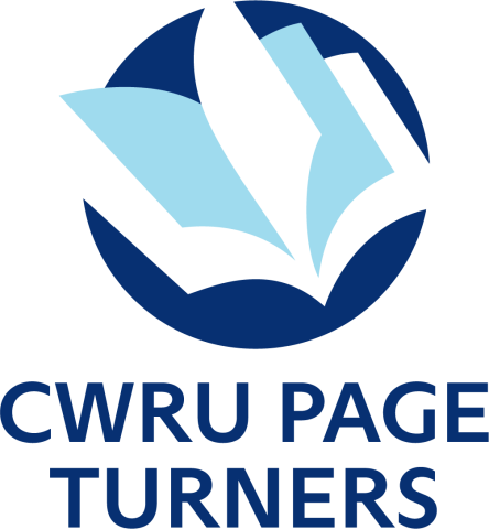 CWRU Page Turners Graphic Identifier transparent. Clip art of an open book above CWRU Page Turners text