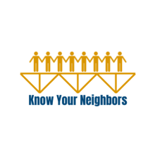 Know Your Neighbors logo - an illustration of gold silhouettes of people standing side-by-side over the blue words Know Your Neighbors