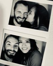 Two black and white photo booth pictures of Chip Kennedy and Tara Tran