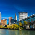Cleveland skyline shown in the daytime by the water