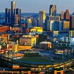 Aerial view of Comerica Park and the Detroit Skyline