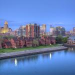 Buffalo, New York, skyline as seen near the water in the evening hours