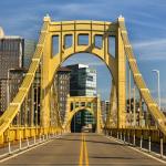 Roberto Clemente bridge in front of the Pittsburgh skyline