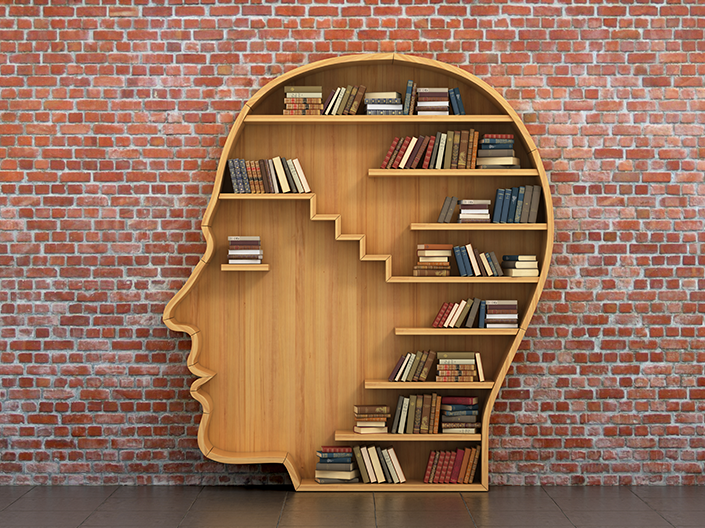 Image of a head shaped bookcase with books on it