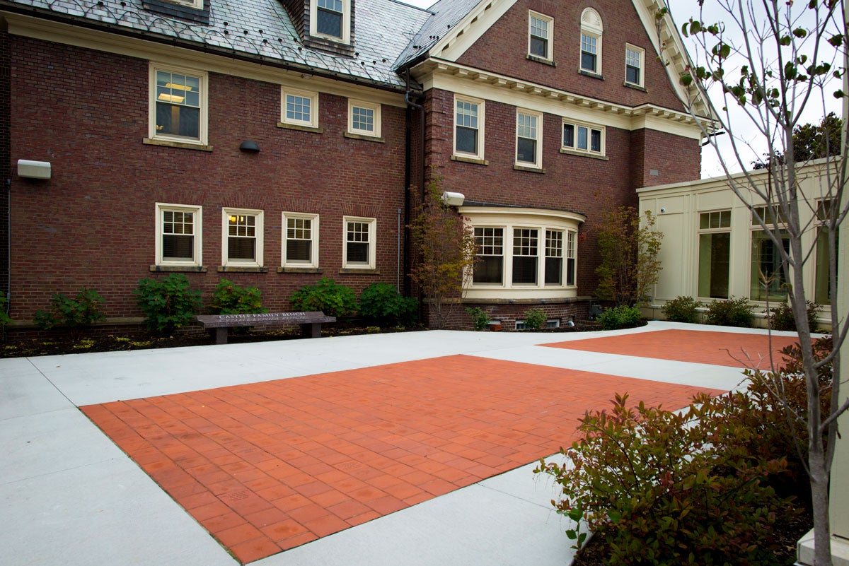 View of the patio outside the Foster-Castele Great Hall at the Linsalata Alumni Center
