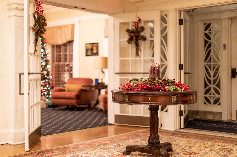 The The Linsalata Alumni Center lobby decorated for the holidays