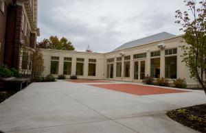 View of the patio outside the Linsalata Alumni Center of Case Western Reserve University