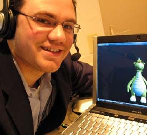 Michael Molinaro and his animated creation, Dragoon the Dinosaur.