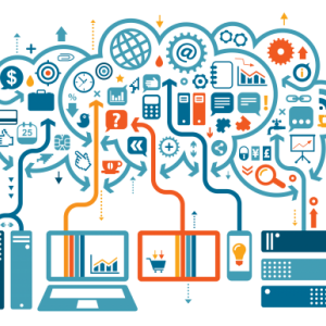 Carton image of various electronic devices and icons used on the internet