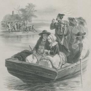 Black and white drawing of early settlers in a rowboat