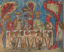 Color image of ancient painting of men dining
