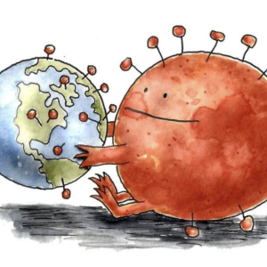 Cartoon drawing of a red corona virus holding the globe