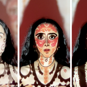 Three consecutive images of a woman with long dark hair having images added to her face