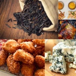 collage image of wild rice, chicken nuggets, and blue cheese