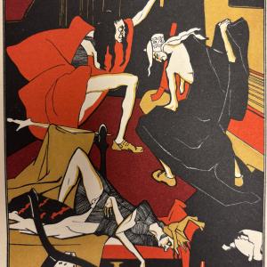 Graphic image in mostly red and black of the de Bosschere witches