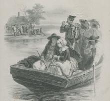 Black and white drawing of early settlers in a rowboat