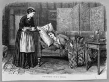 Black and white drawing of 19th century patient and nurse