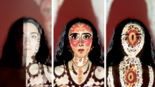 Three consecutive images of a woman with long dark hair having images added to her face