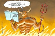 Cartoon of devil surrounded by flames reading about priests sex abuse
