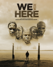 Sepia colored movie poster with drawing of African faces over a barren landscape