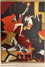 Graphic image in mostly red and black of the de Bosschere witches