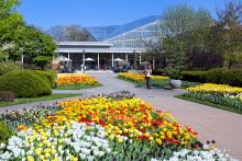 Image of outside of Cleveland Botanical Garden with flowers blooming