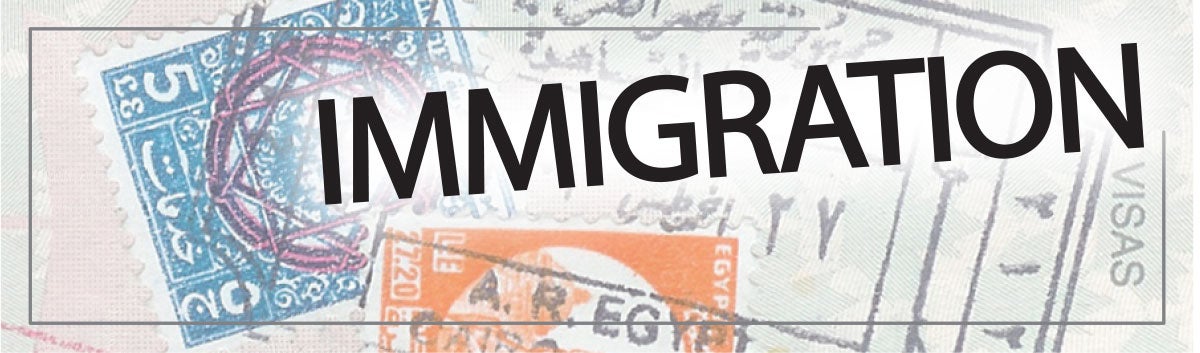 Immigration written over a picture of passport stamps