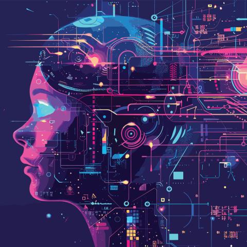 purple, pink, and blue digital image of woman's profile overlaid with lines and images