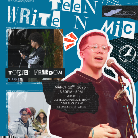 Collage of images with the main one being a teenage boy with glasses at a microphone